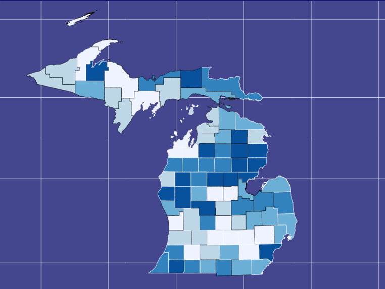 choropleth map of Michigan by county